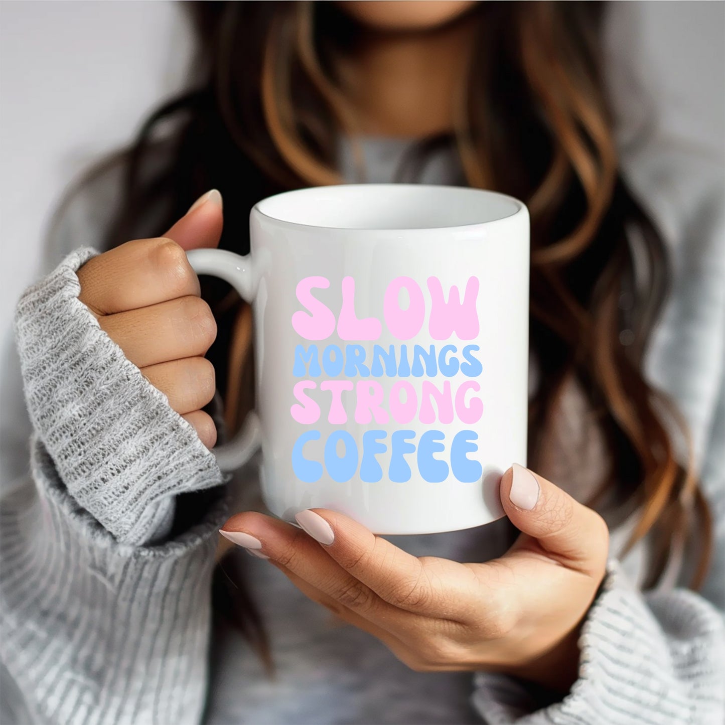 Morning coffee mug white porcelain with "Slow mornings strong coffee" text.