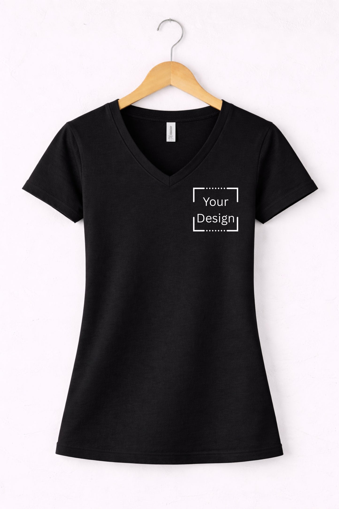 Black women's v-neck shirt with customizable design area on the front.