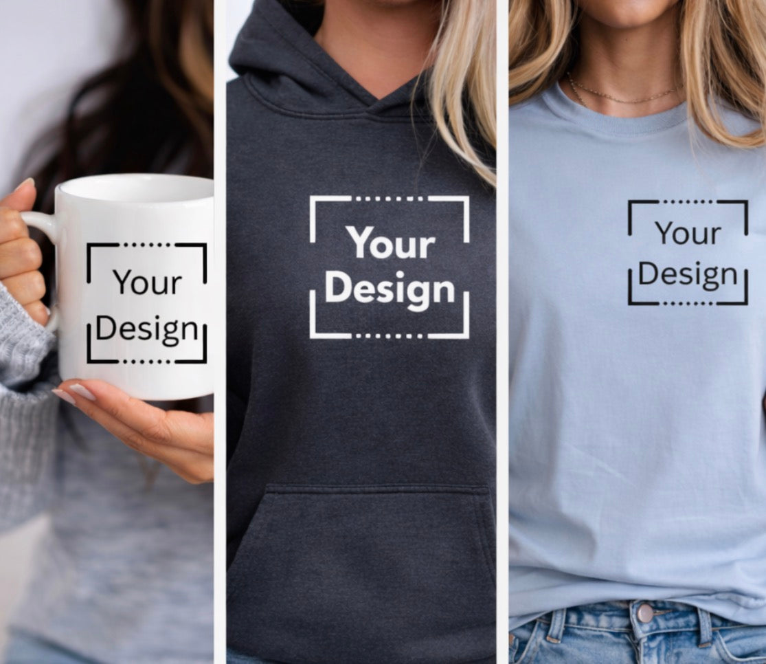 A white coffee mug, black hoodie and blue tshirt that gave “your design” text on the front. 