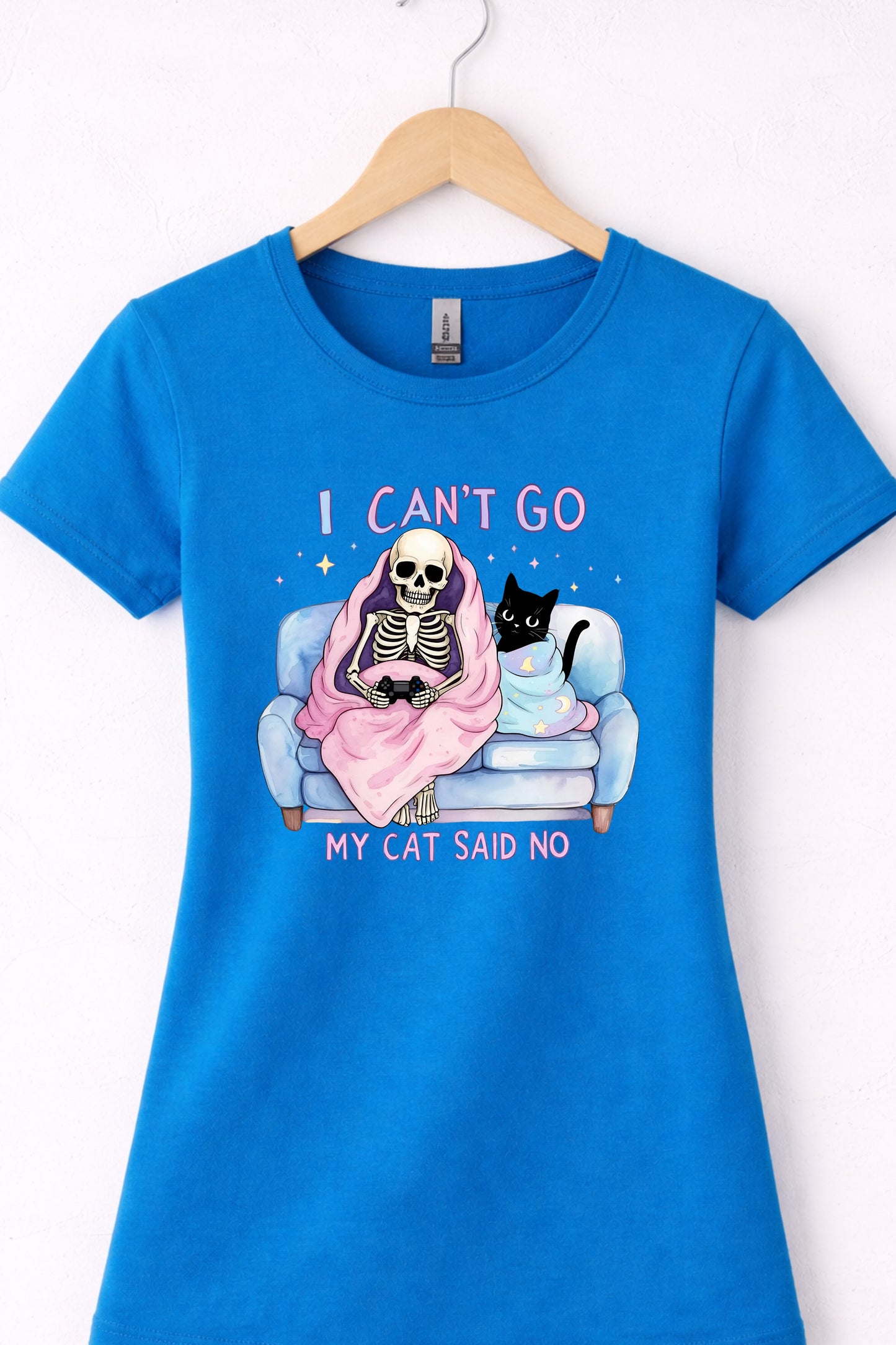Blue women’s crewneck cat lover graphic tee with skeleton and “I Can’t Go My Cat Said No” design