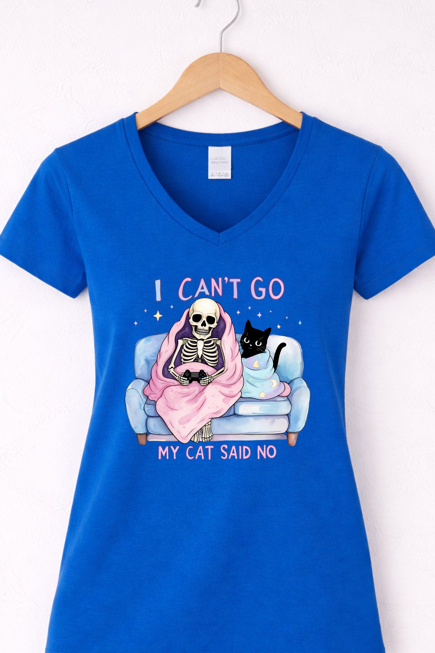 Blue women’s v neck cat lover graphic tee featuring “I Can’t Go My Cat Said No” cat design