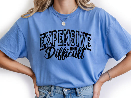 Person wearing blue unisex expensive and difficult shirt with bold “Expensive and Difficult” statement graphic