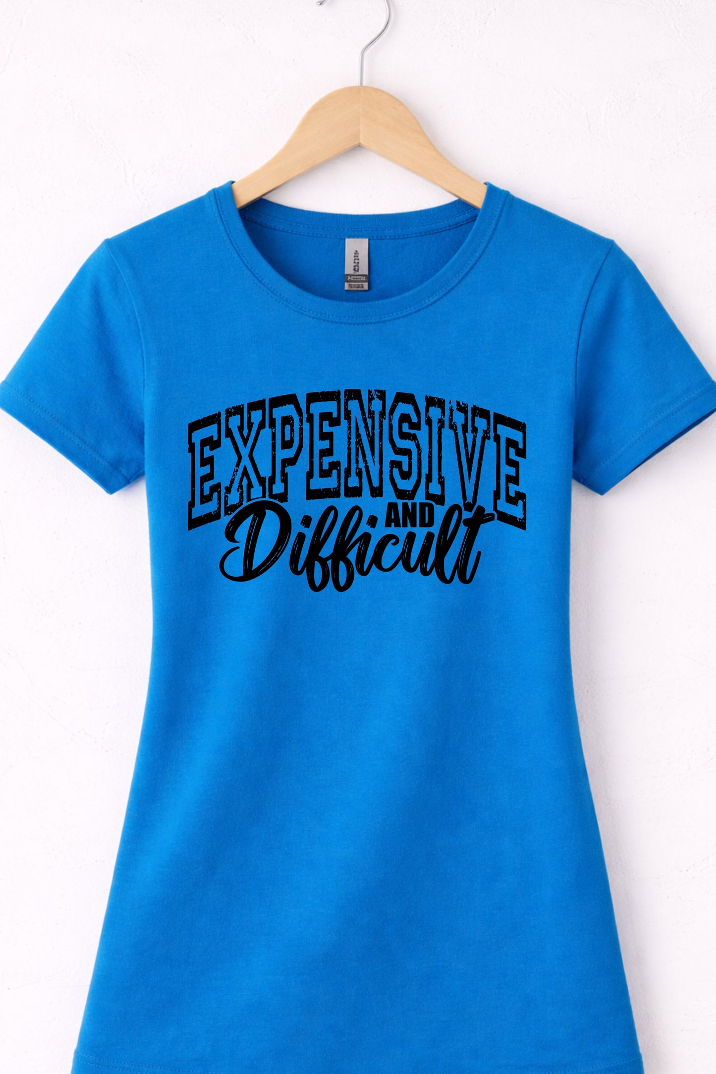 Blue women’s crewneck expensive and difficult shirt with bold confident statement typography
