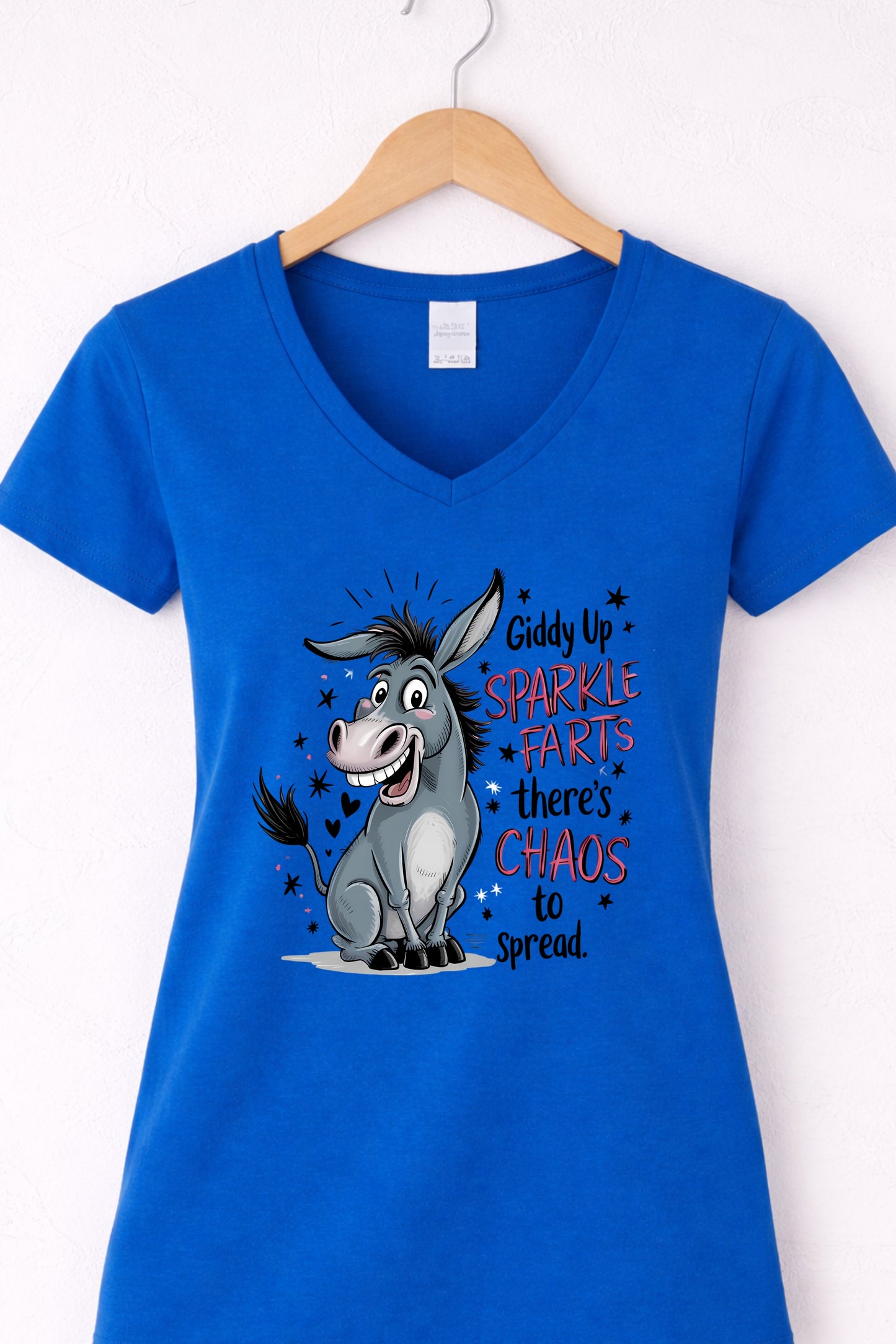 Blue women’s v neck funny donkey t shirt with playful sarcastic donkey graphic