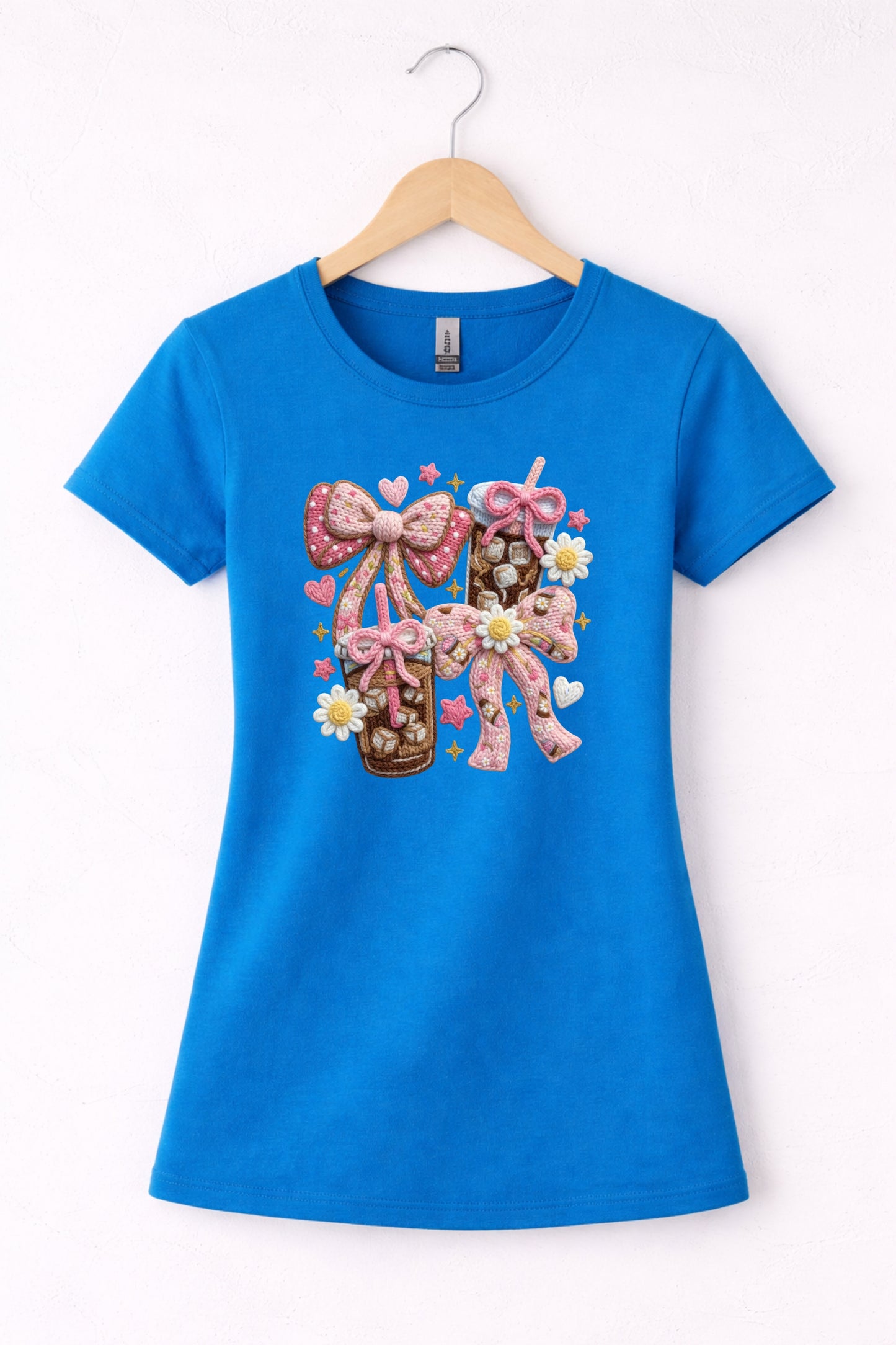 Blue women’s crew neck iced coffee t shirt with coquette style bow coffee design