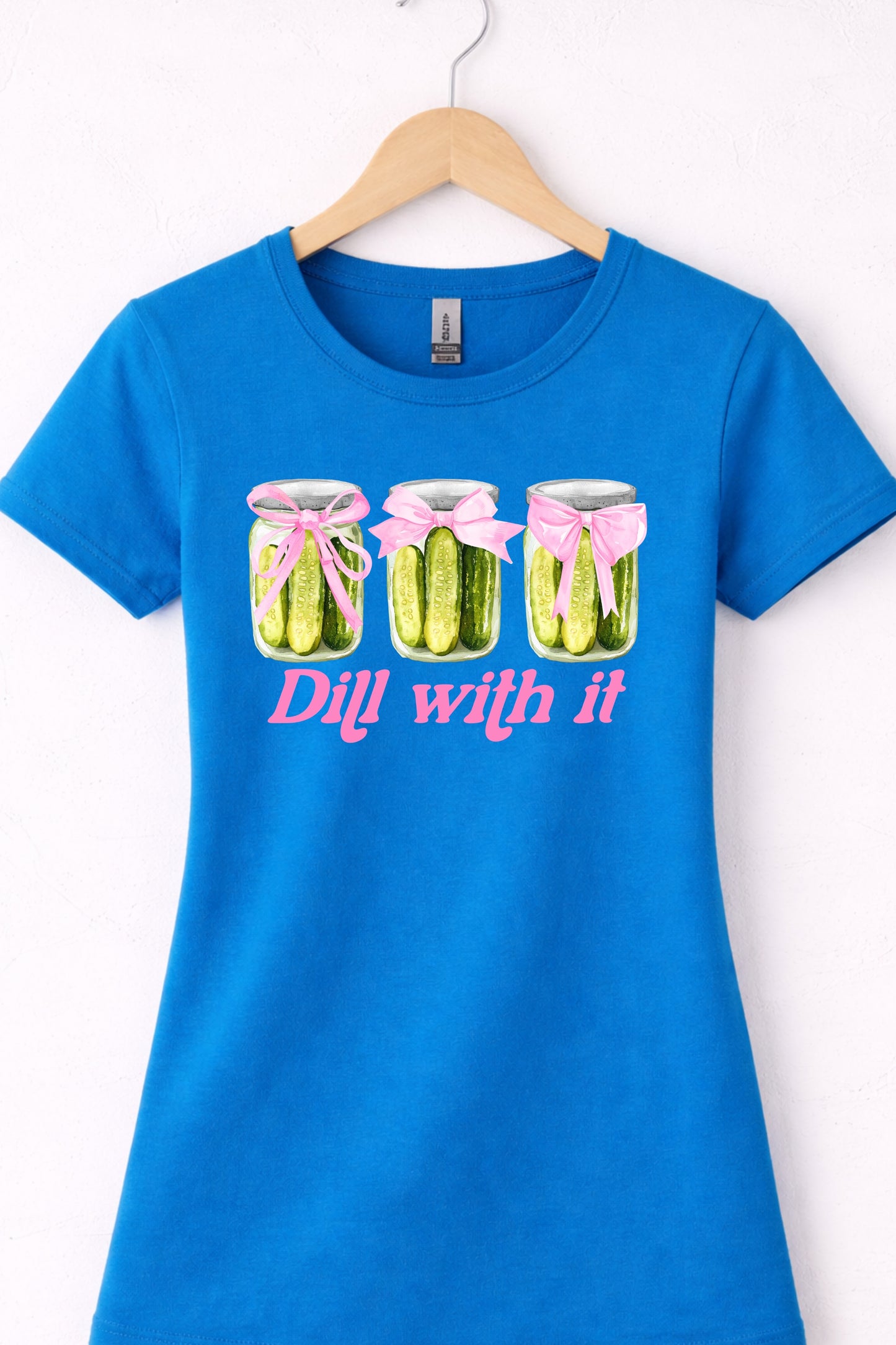 Blue women’s crewneck pickle t shirt with cute pickle jars and “Dill With It” design