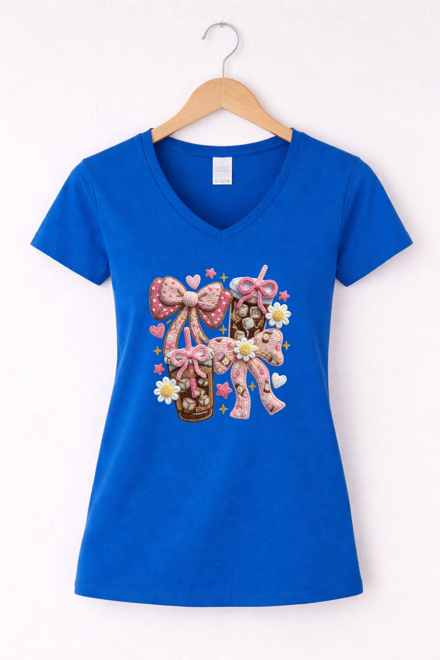 Blue womens v neck iced coffee t shirt with bow aesthetic coffee graphic