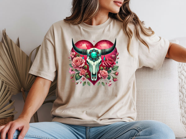 Bull skull shirt for women with a cute longhorn, flowers and heart graphic on a beige unisex tshirt.