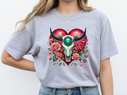 Bull skull shirt for women with a cute longhorn, flowers and heart graphic on a grey unisex tshirt.