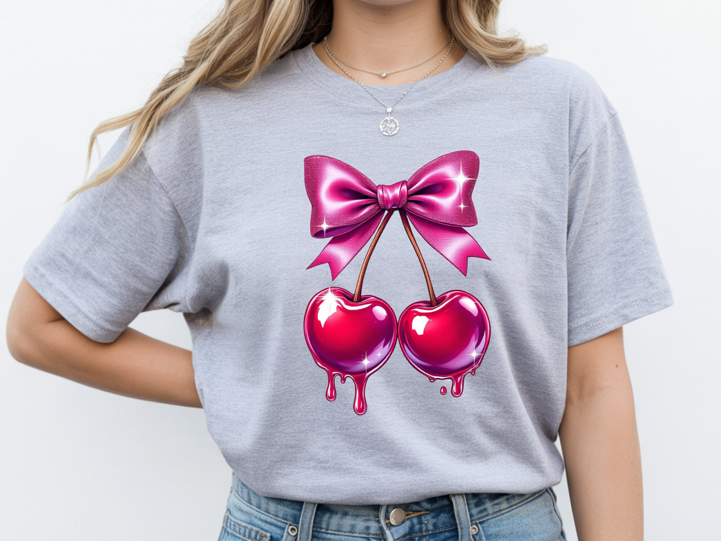 Cherry shirt for women with cute pink bow and cherry graphic on a grey unisex tshirt. 