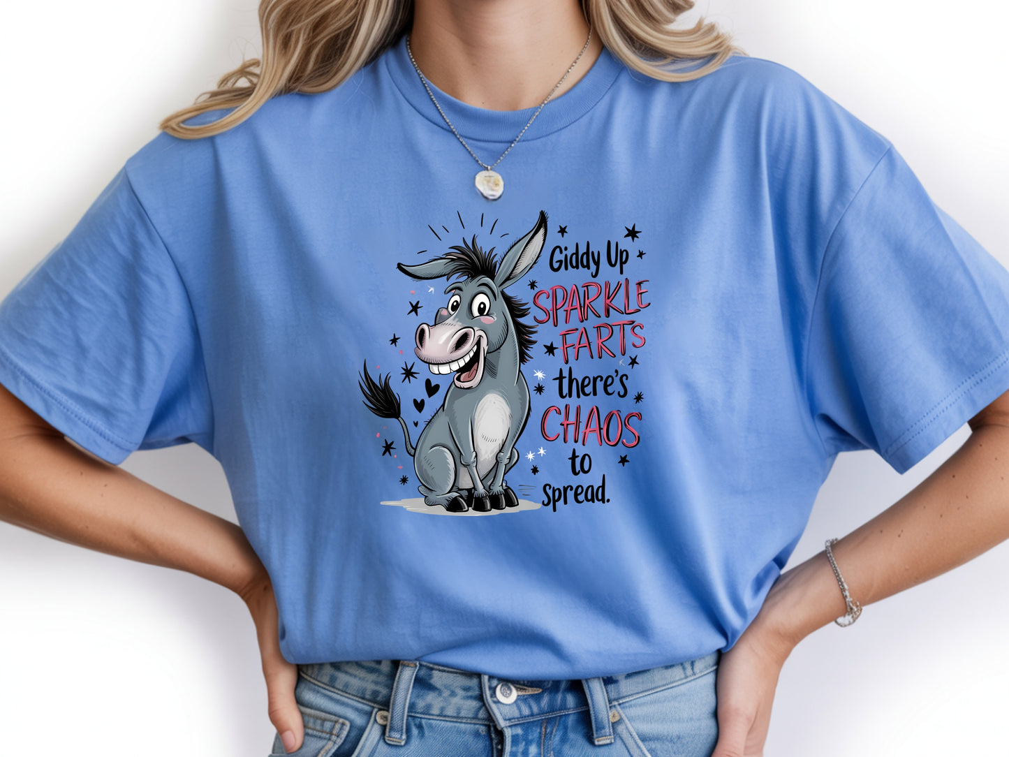 Person wearing blue unisex funny donkey t shirt with sarcastic chaos quote graphic