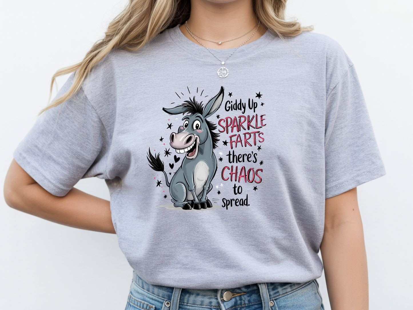 Person wearing grey unisex funny donkey t shirt with sarcastic chaos quote graphic
