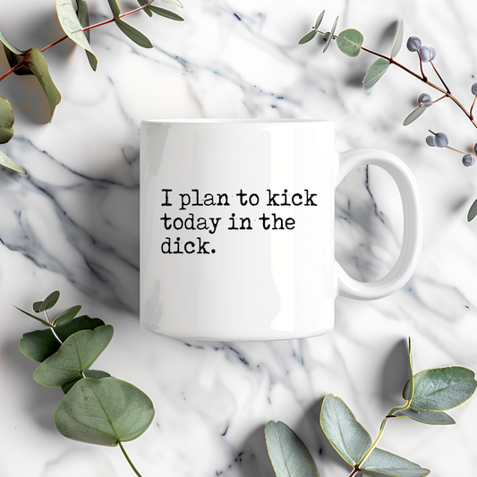 Funny motivational mug with “I plan to kick today in the dick” text on the front.