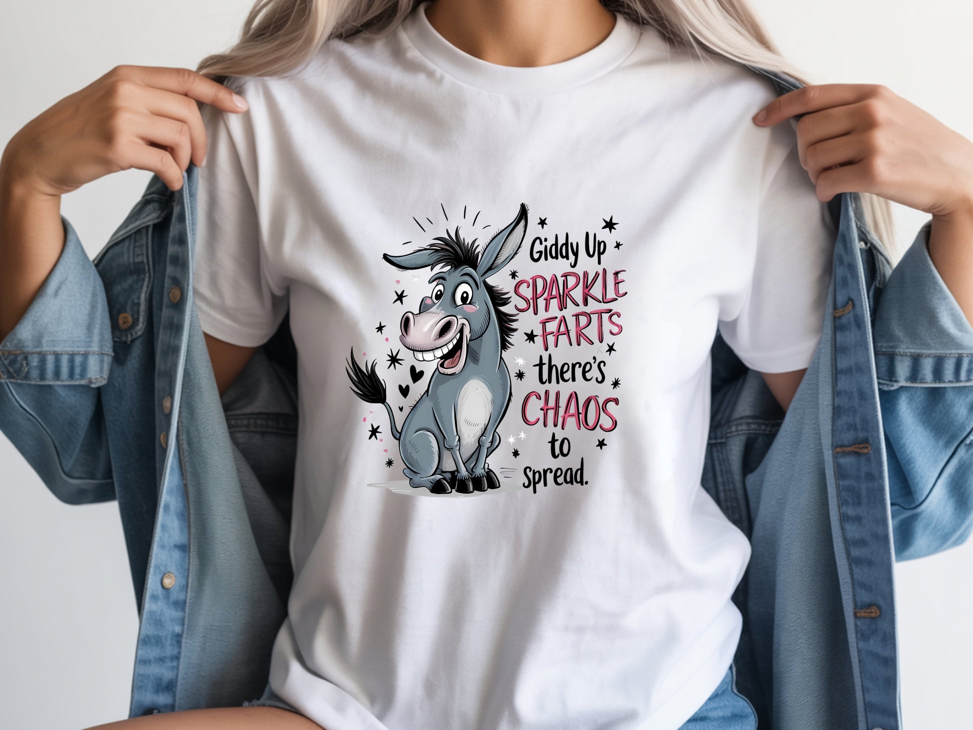 Person wearing white unisex funny donkey t shirt with sarcastic chaos quote graphic