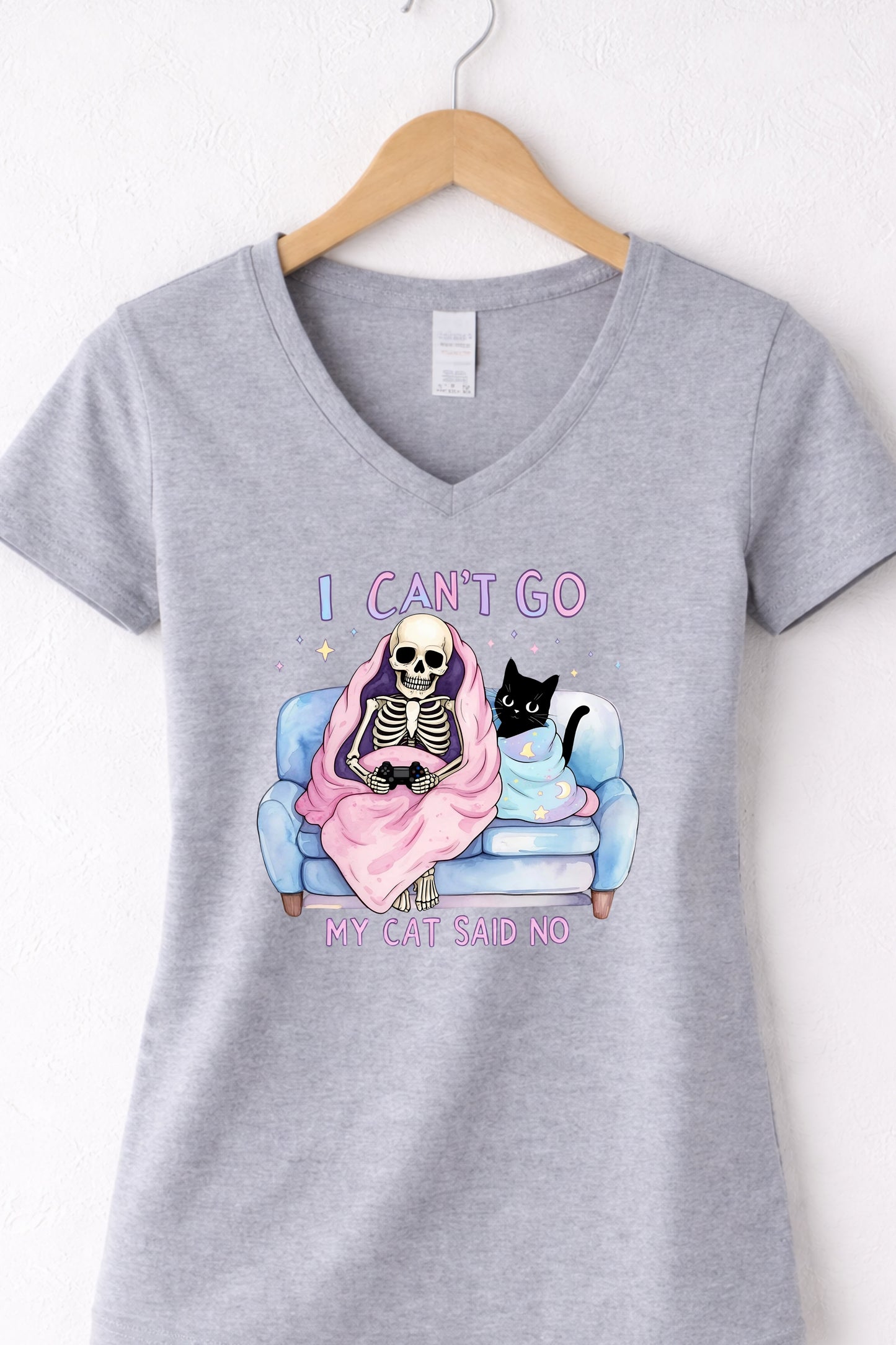 Grey women’s v neck cat lover graphic tee featuring “I Can’t Go My Cat Said No” cat design
