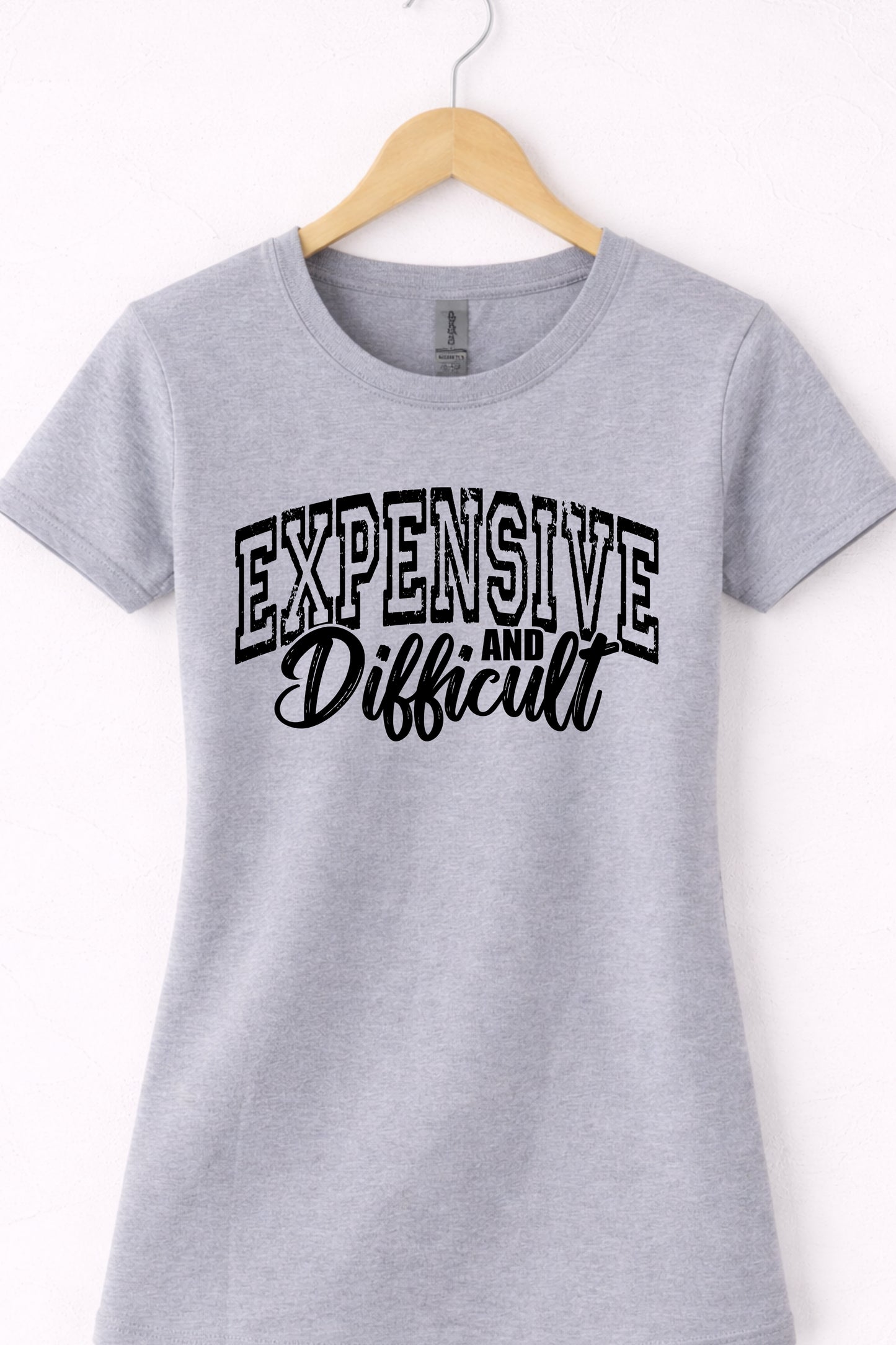 Grey women’s crewneck expensive and difficult shirt with bold confident statement typography