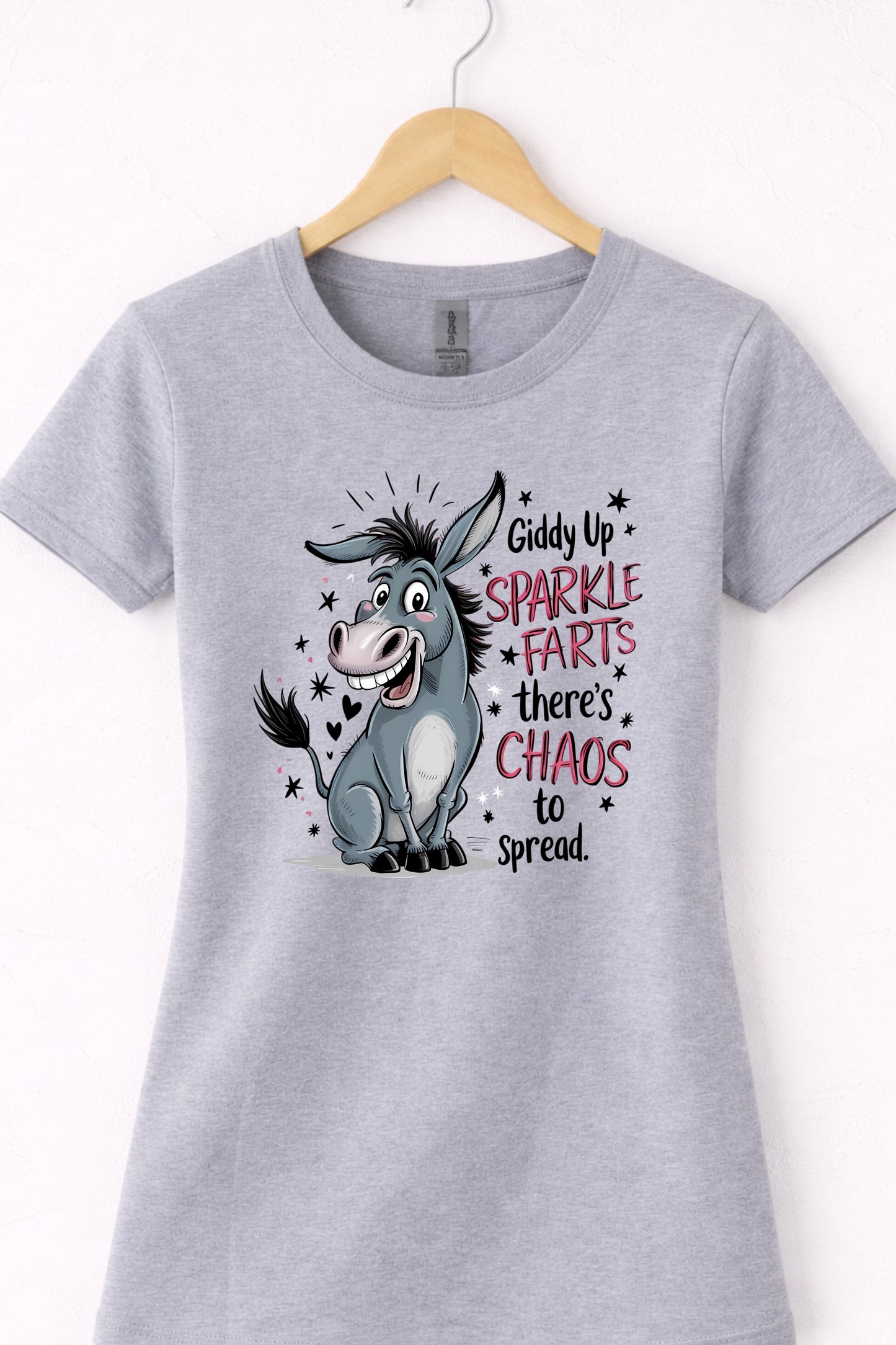 Grey women’s crewneck funny donkey t shirt with bold humor quote design