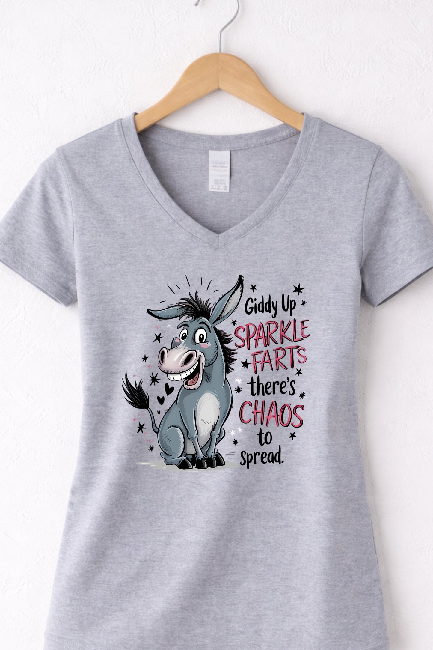 Grey women’s v neck funny donkey t shirt with playful sarcastic donkey graphic