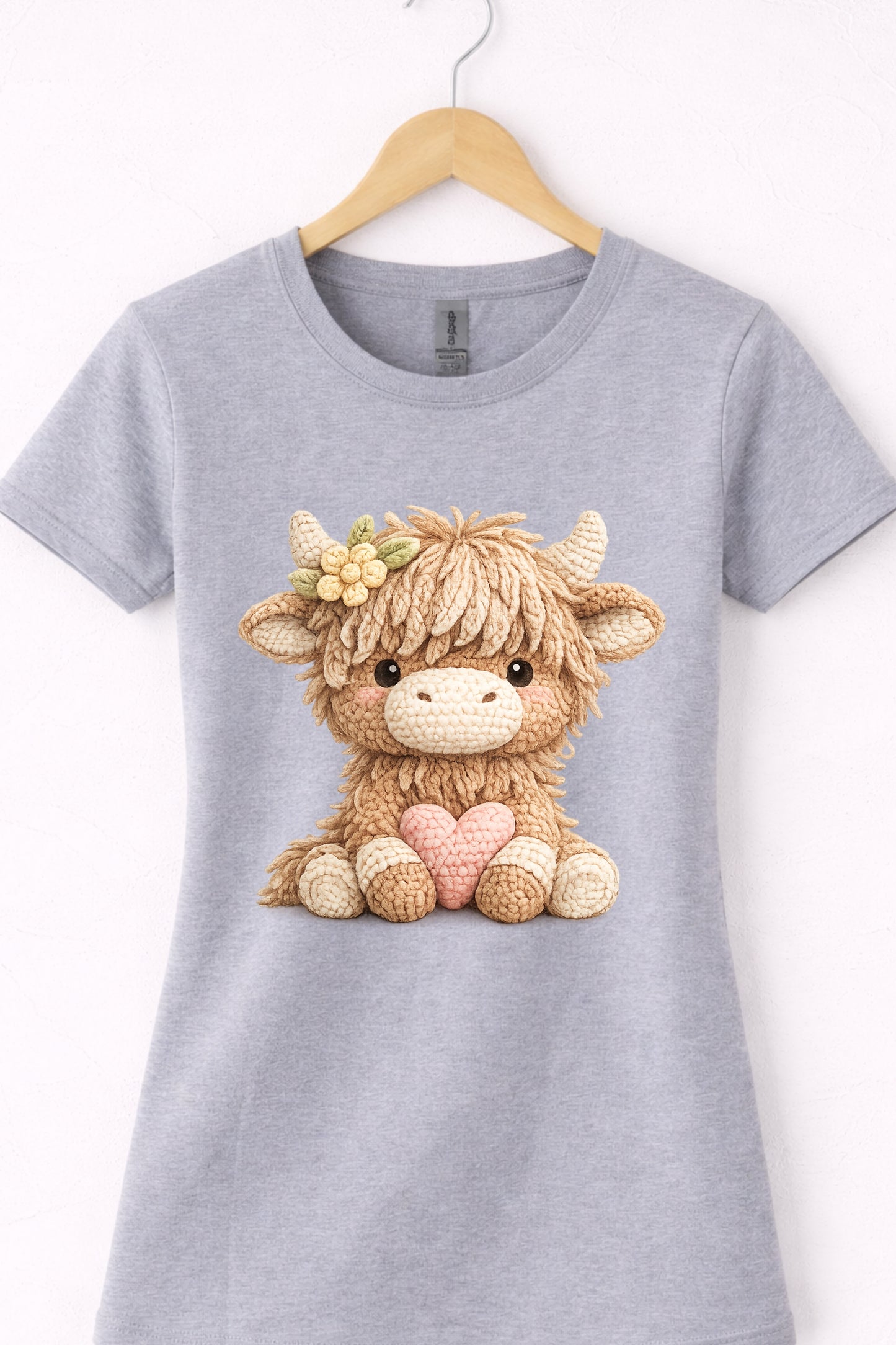 Women’s grey crewneck highland cow t shirt with cute animal cow holding a heart