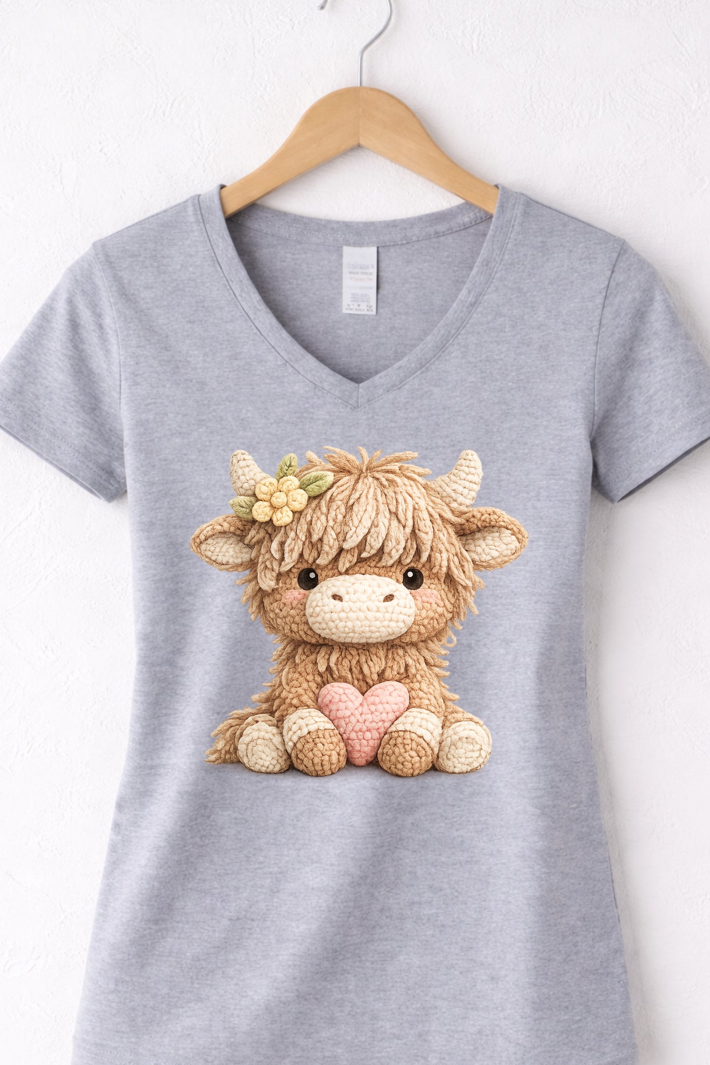 Women’s grey v neck highland cow t shirt with cute animal cow holding a heart