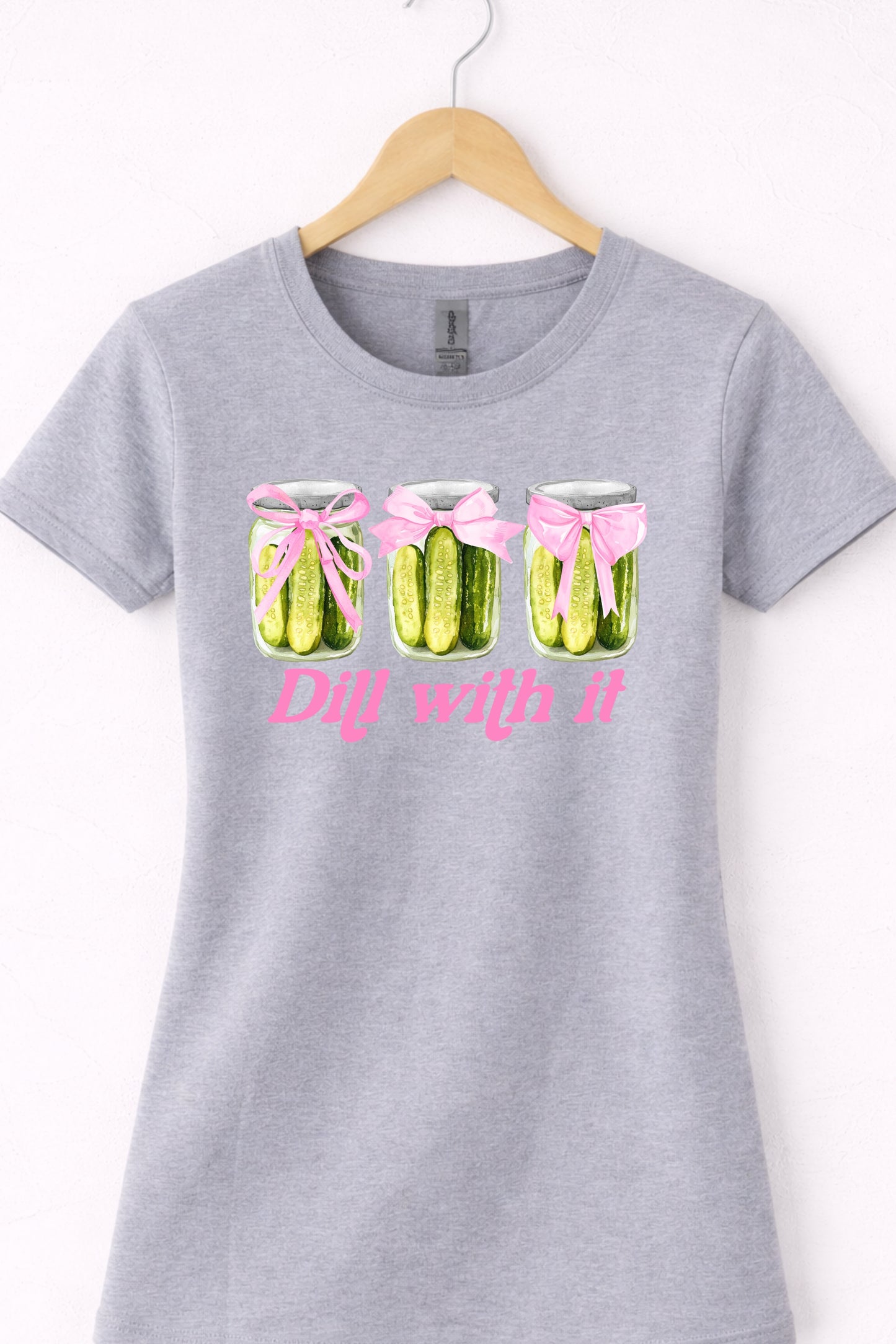 Grey women’s crewneck pickle t shirt with cute pickle jars and “Dill With It” design