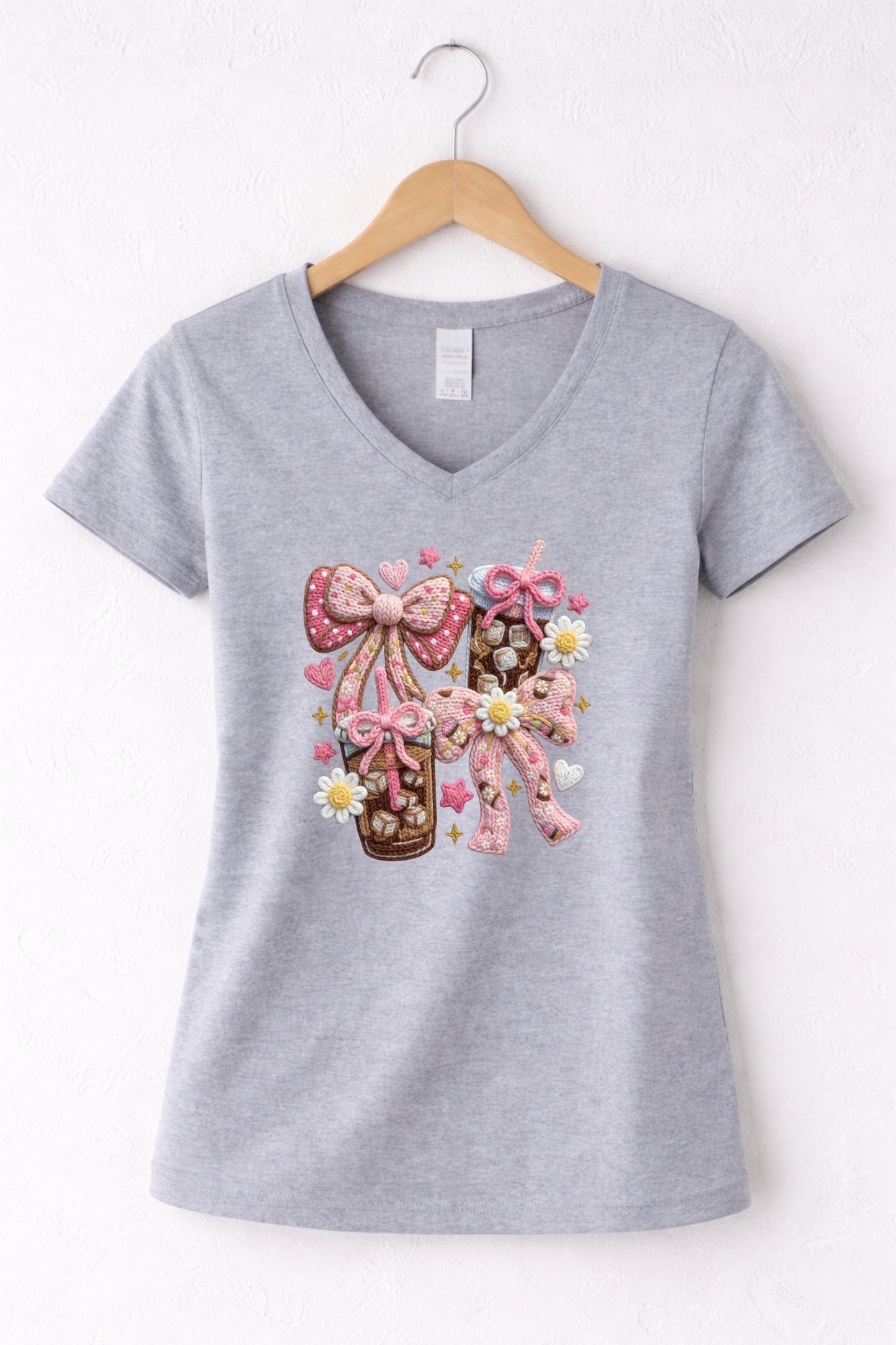 Grey womens v neck iced coffee t shirt with bow aesthetic coffee graphic