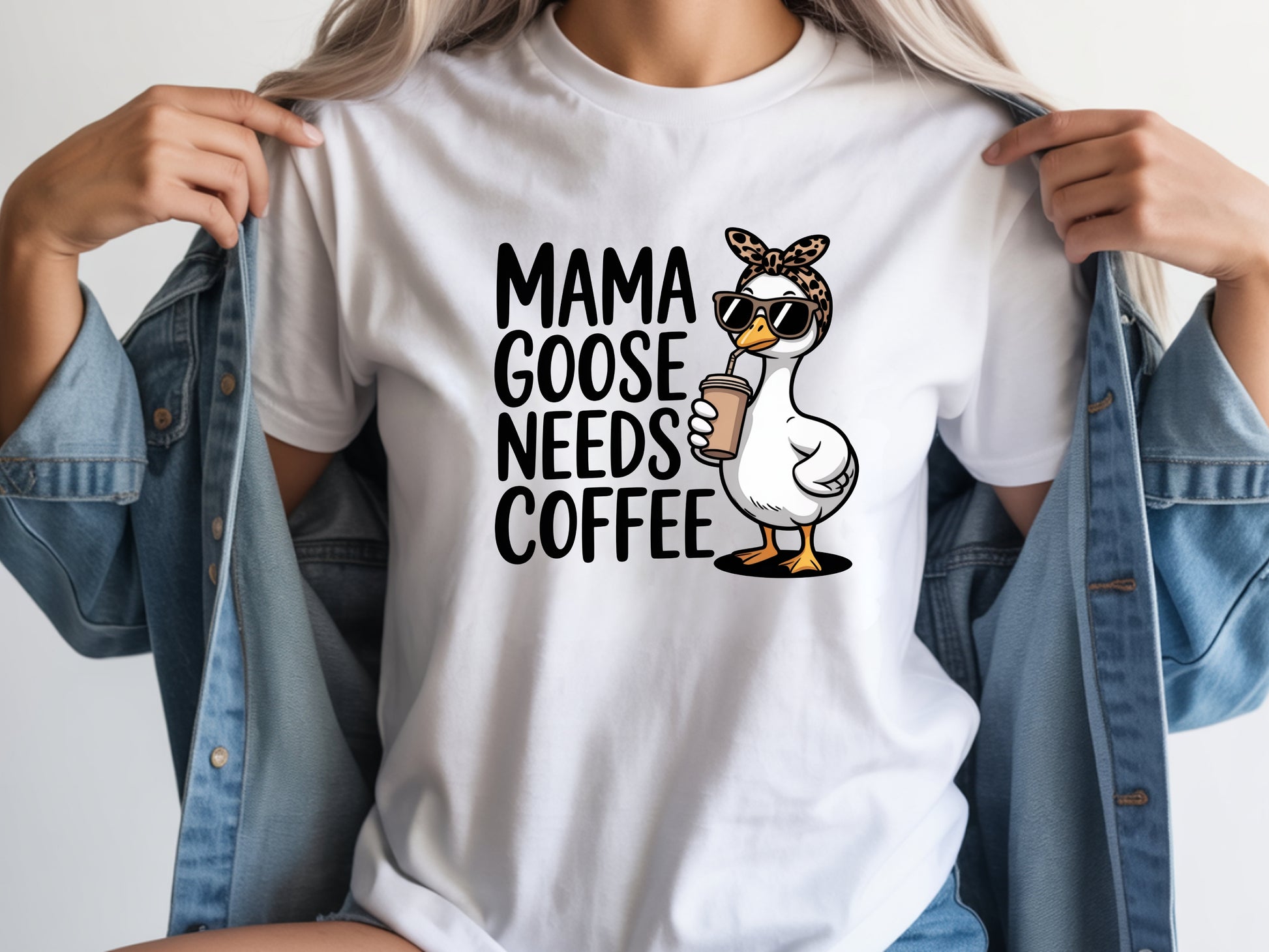 Mama needs coffee shirt with cute "Mama goose needs coffee" text on a white unisex shirt.