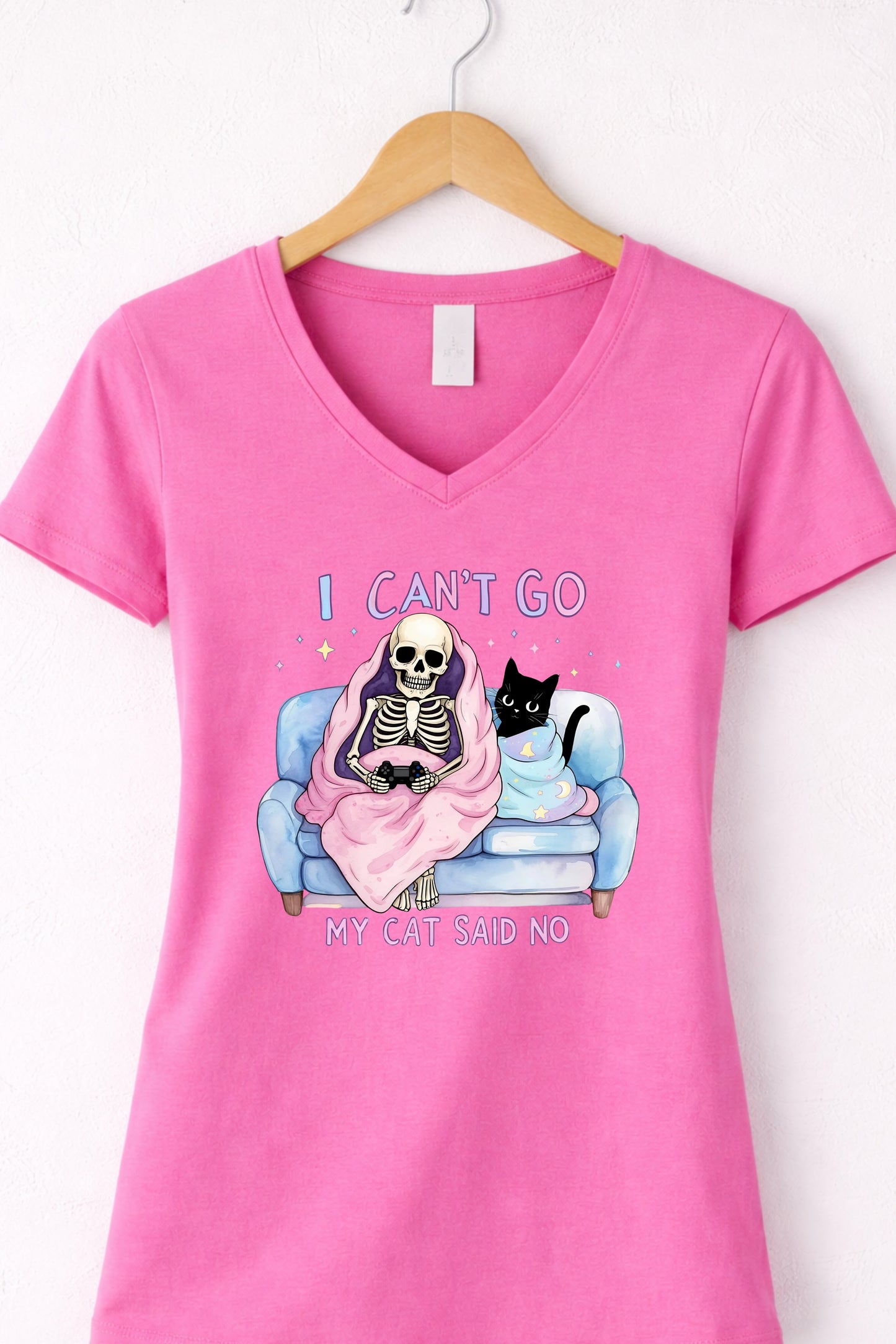 Pink women’s v neck cat lover graphic tee featuring “I Can’t Go My Cat Said No” cat design