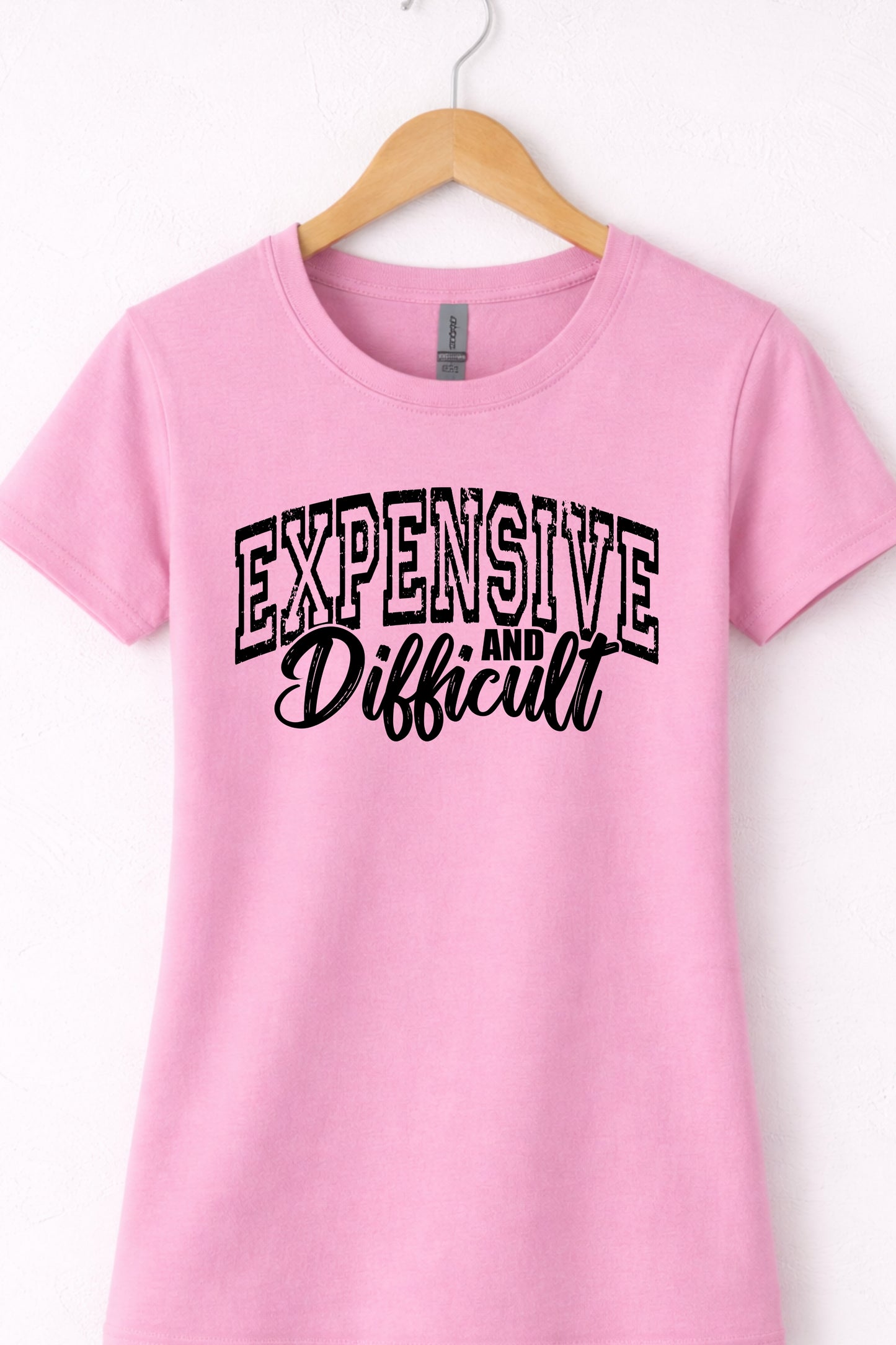 Pink women’s crewneck expensive and difficult shirt with bold confident statement typography