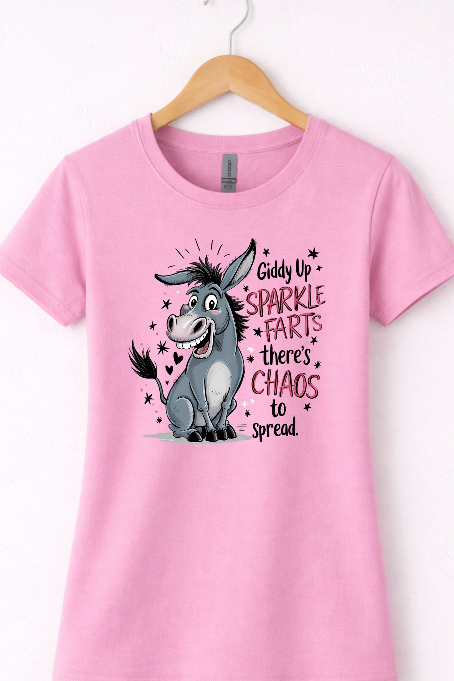 Pink women’s crewneck funny donkey t shirt with bold humor quote design