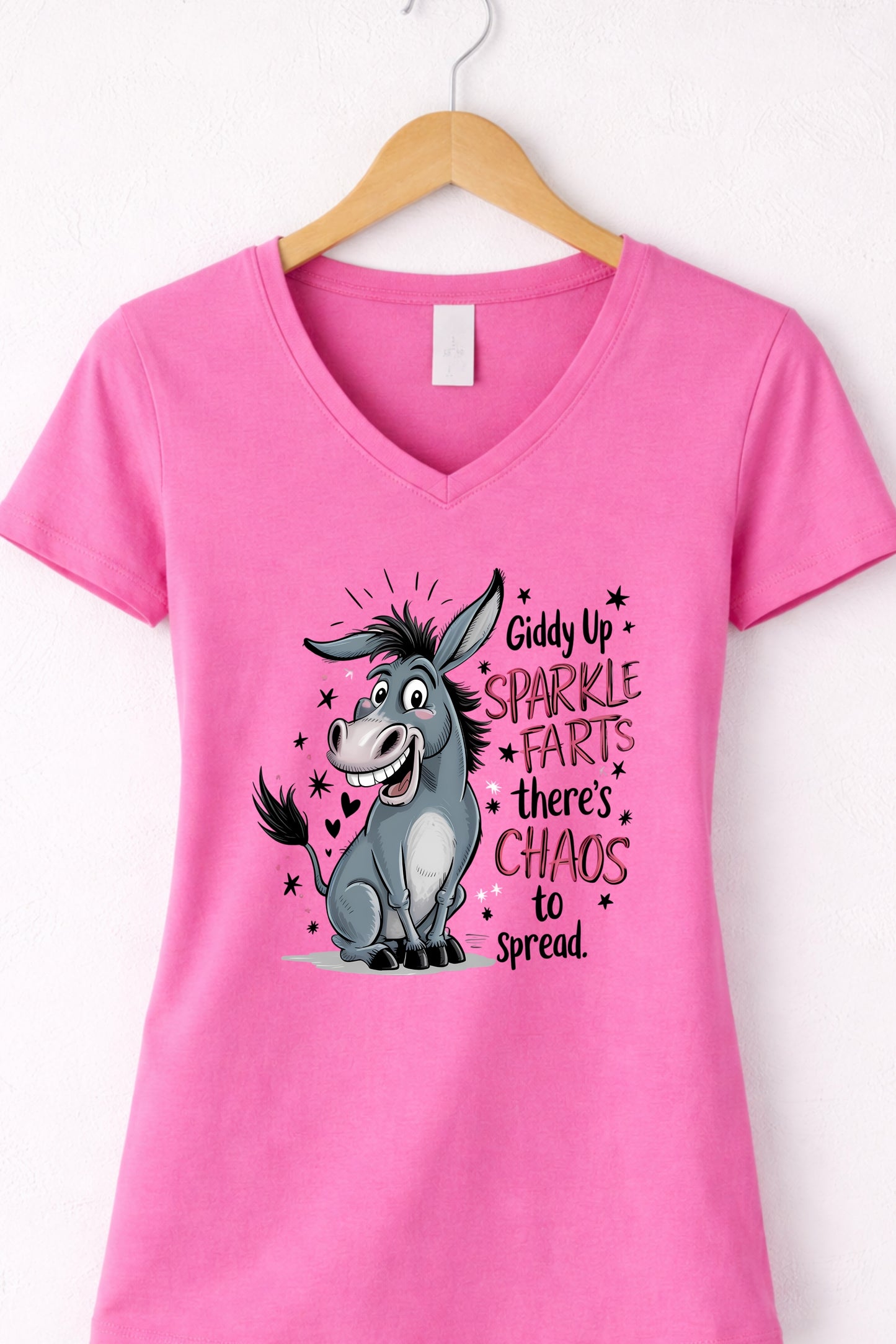 Pink women’s v neck funny donkey t shirt with playful sarcastic donkey graphic