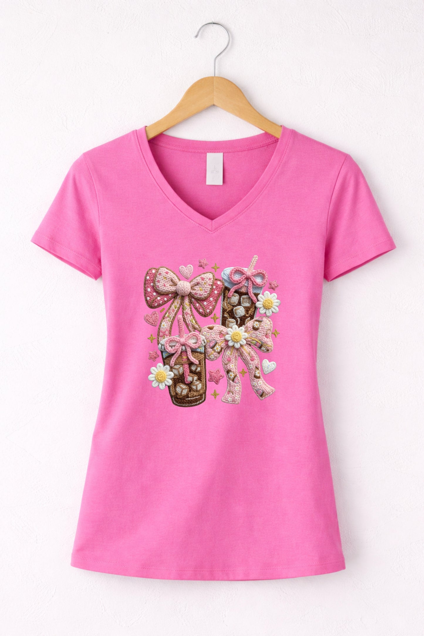 Pink womens v neck iced coffee t shirt with bow aesthetic coffee graphic