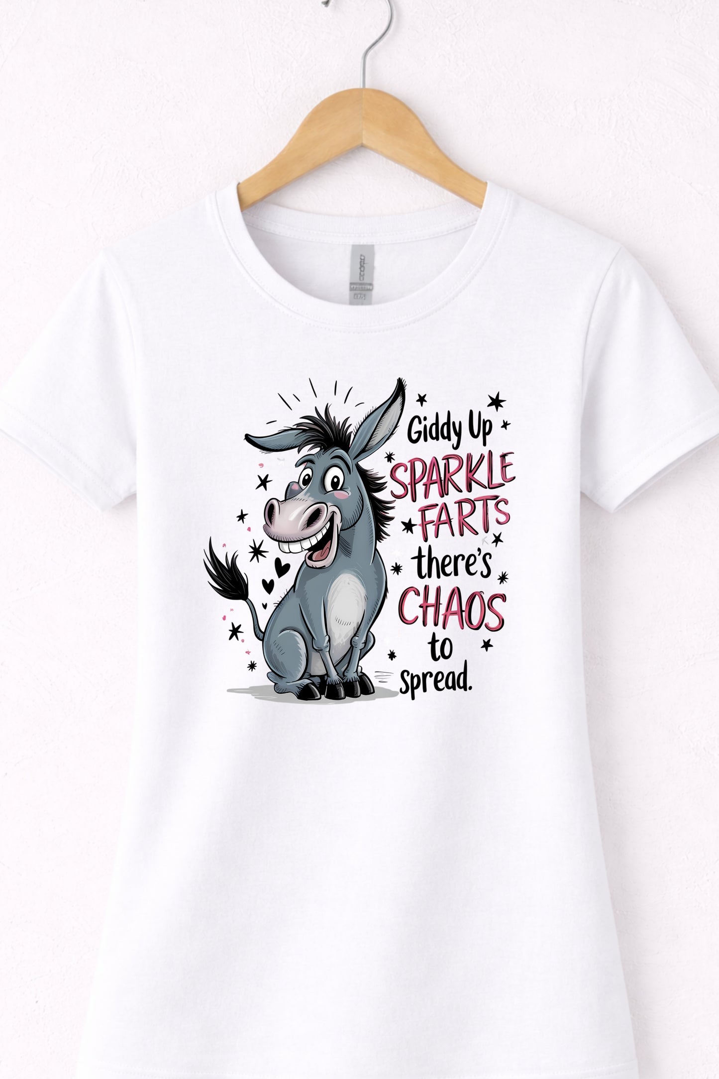 White women’s crewneck funny donkey t shirt with bold humor quote design