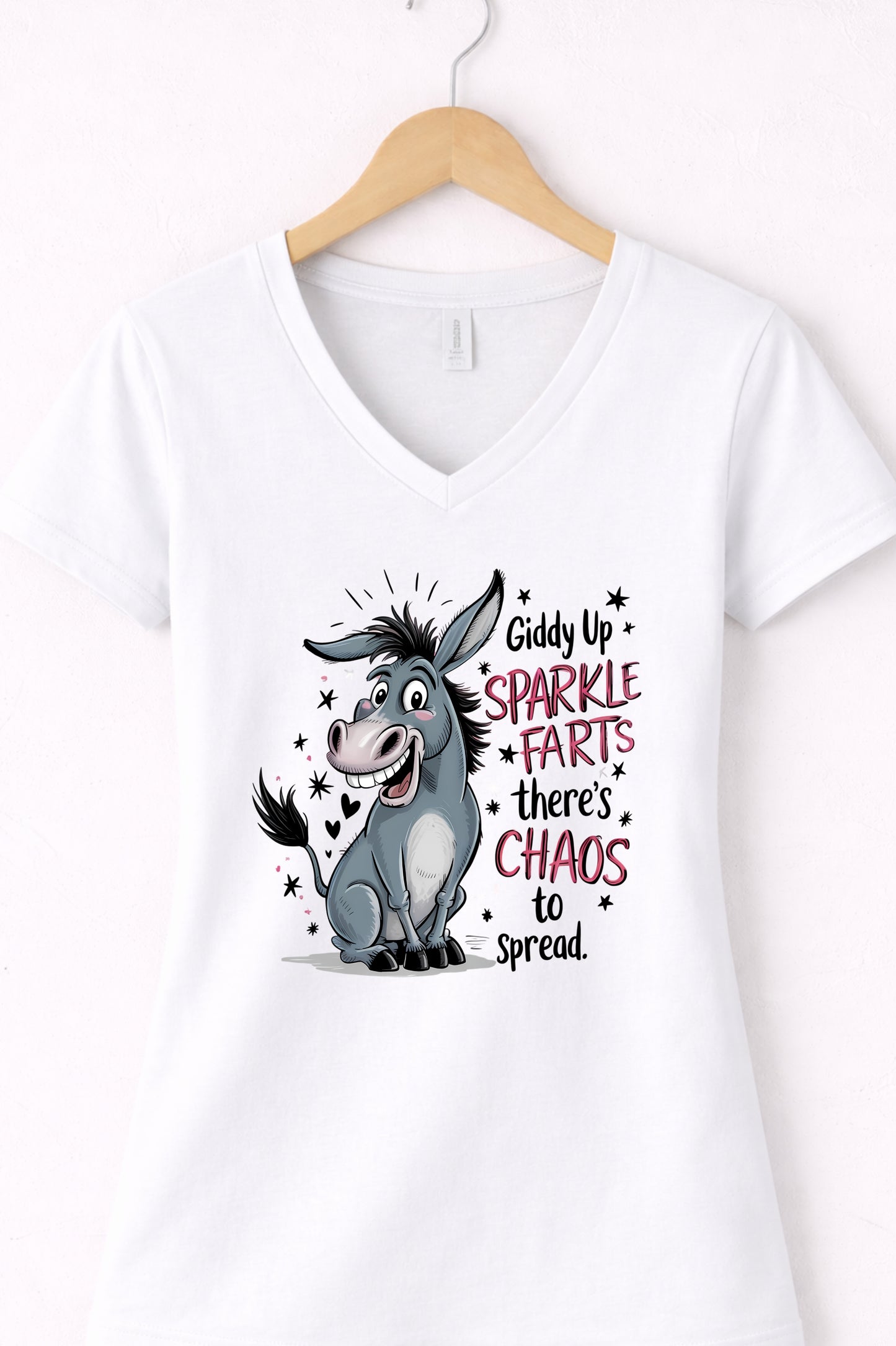 White women’s v neck funny donkey t shirt with playful sarcastic donkey graphic