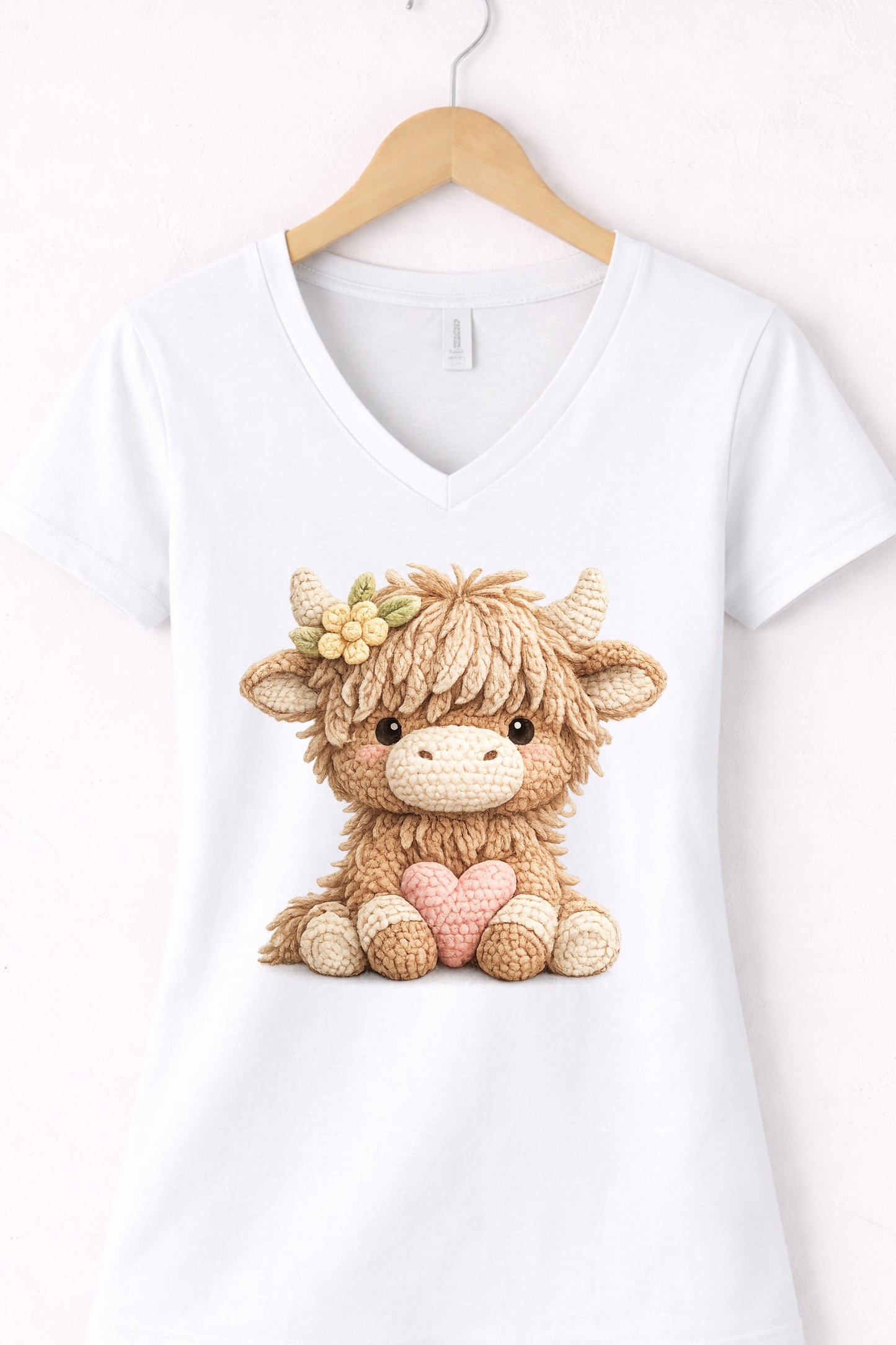 Women’s white v neck highland cow t shirt with cute animal cow holding a heart 