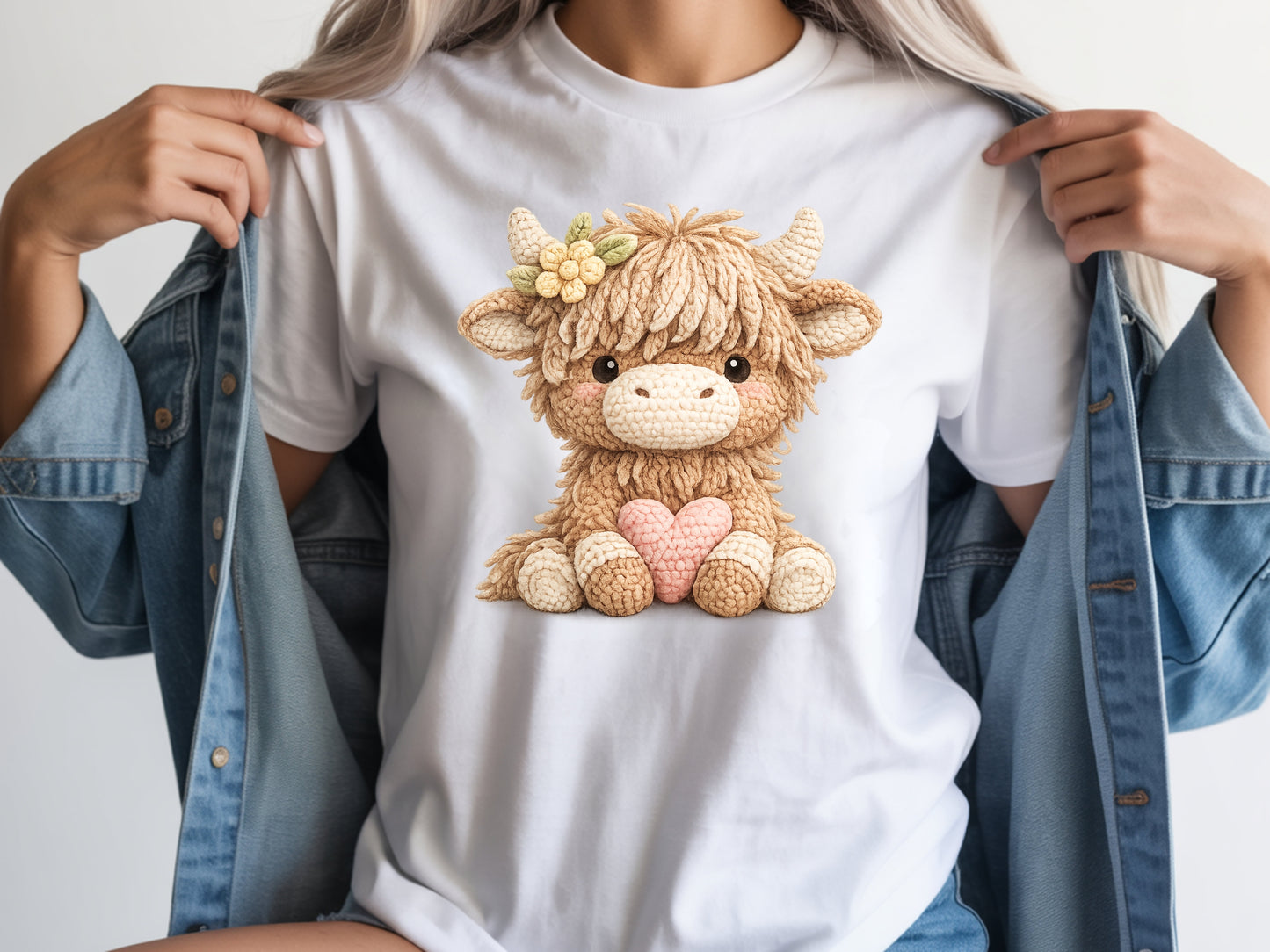 Woman wearing white highland cow t shirt with cute cow heart graphic
