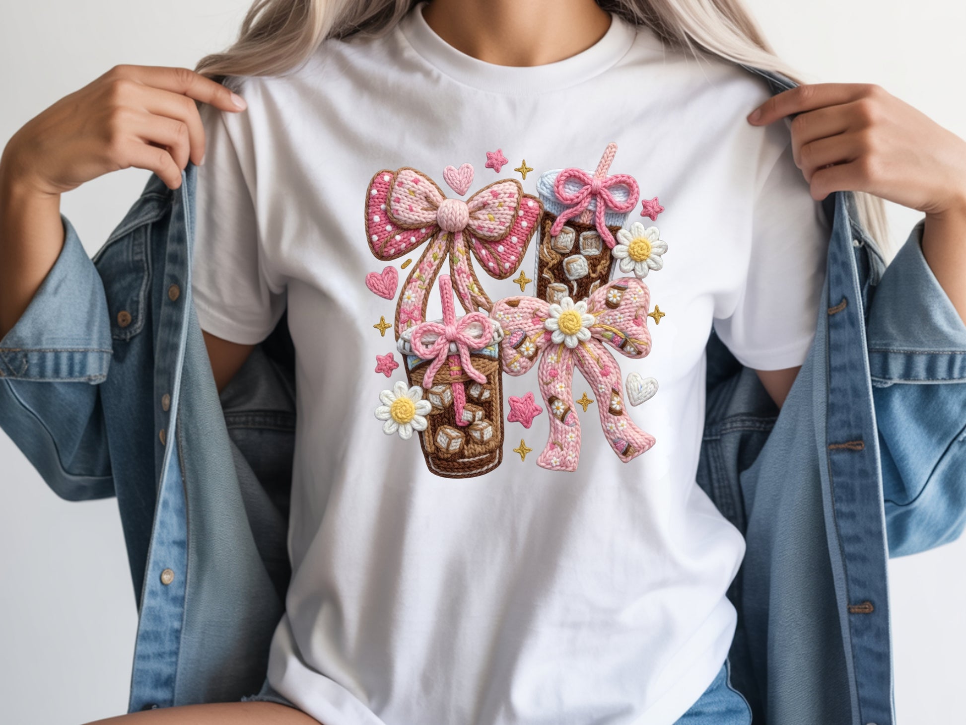 Woman wearing white iced coffee t shirt with faux yarn style bow design