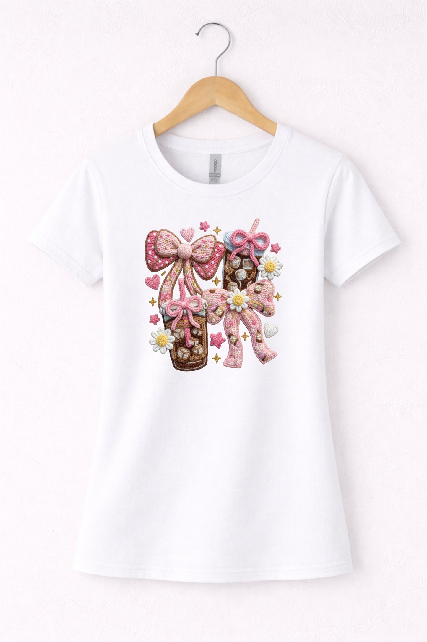 White women’s crew neck iced coffee t shirt with coquette style bow coffee design