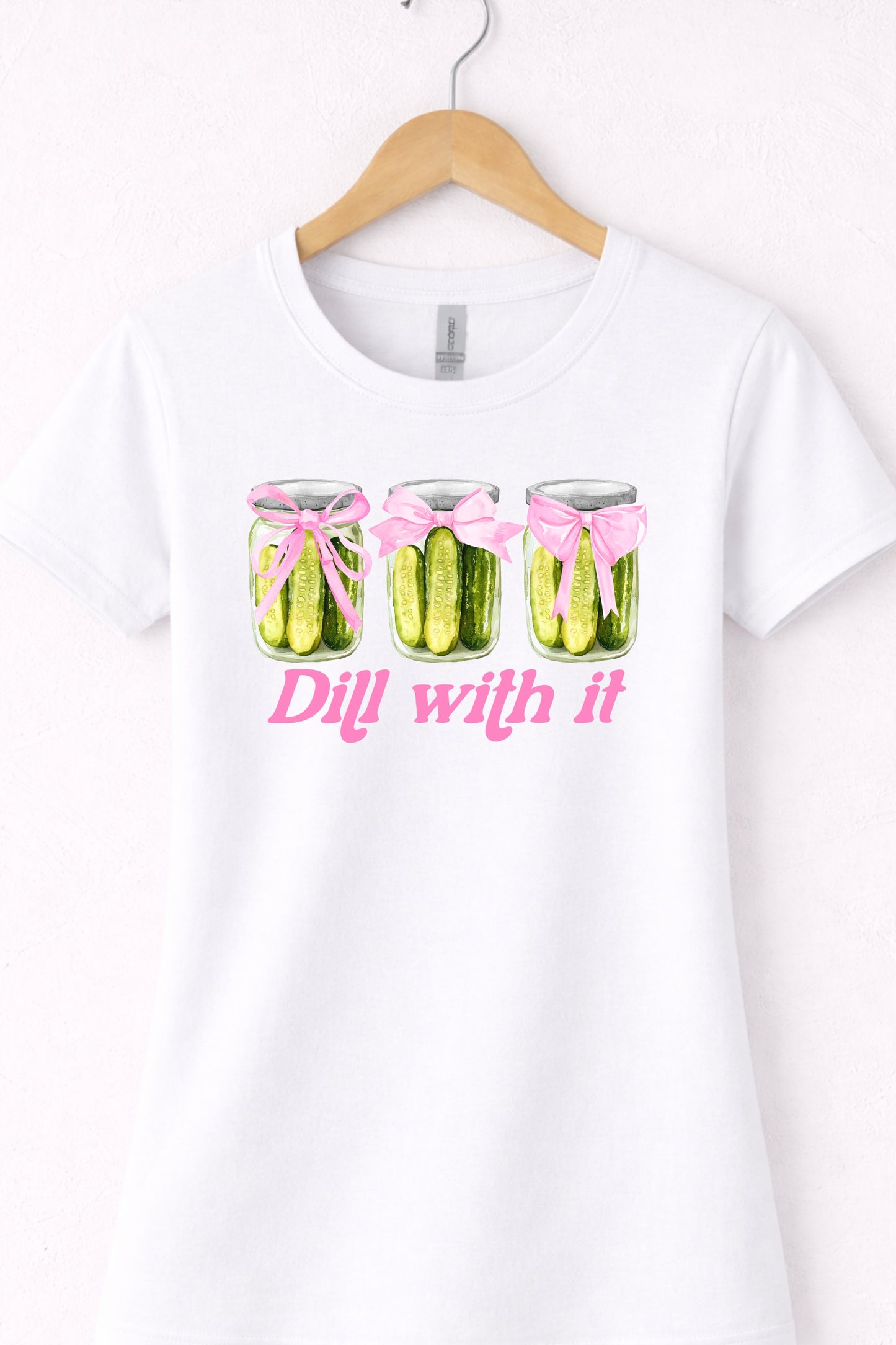 White women’s crewneck pickle t shirt with cute pickle jars and “Dill With It” design