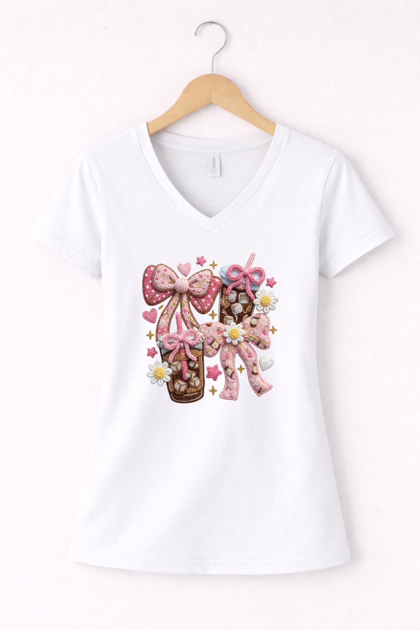 White womens v neck iced coffee t shirt with bow aesthetic coffee graphic